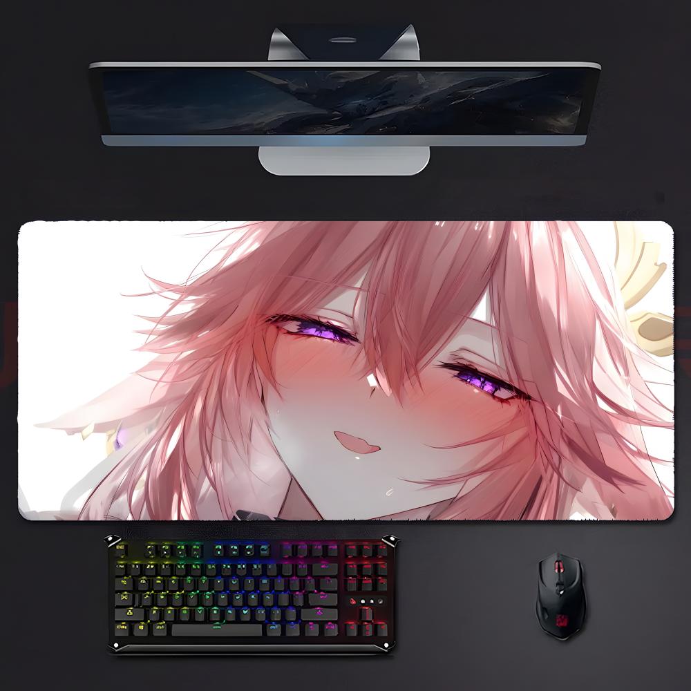 Gaming Keyboard Half - แผ่นรองเมาส์อนิเมะ XXL สำหรับเกมเมอร์ แผ่นรองคีย์บอร์ดลายหูจิ้งจอกสีชมพู ตาแบบครึ่งตา ลายสาวอนิเมะ