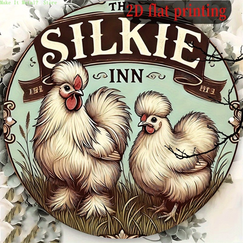 Brass Weight Plate - ป้ายโลหะทรงกลมลายวินเทจ The Silkie Inn, ป้ายโลหะติดผนังลายไก่พิมพ์แบบ 2