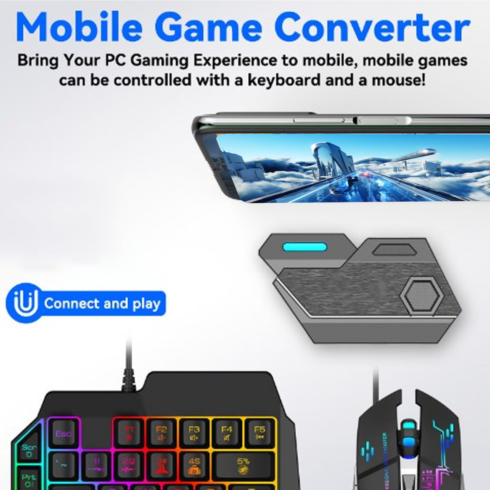 Gaming Keyboard Mobile - ชุดคอมโบเกมมือถือ เชื่อมต่อบลูทูธ คีย์บอร์ดและเมาส์แบบมือเดียว ตอบสนองไว พร้อมที่ยึดโทรศัพท์ปรับได้สำหรับเล่นเกม