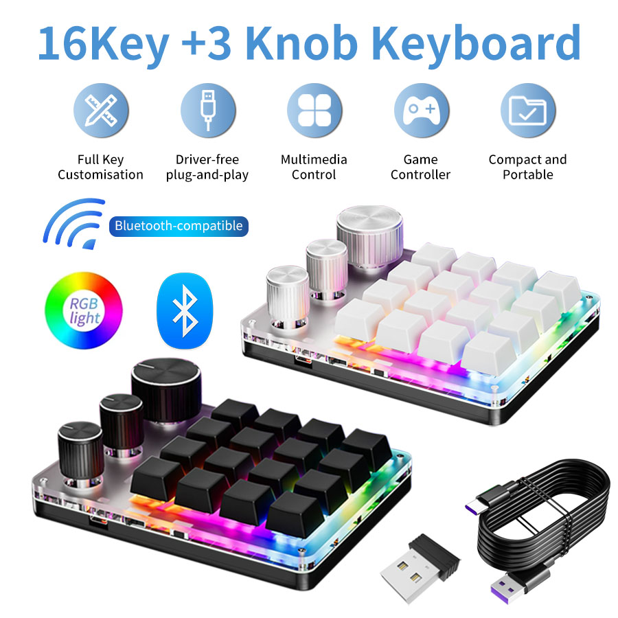 Gaming Keyboard Mini Mechanical - ไร้สายบลูทูธการเขียนโปรแกรมมาโครที่กําหนดเอง 16Key 3Knobคีย์บอร์ด 3 โหมดRGB Copy